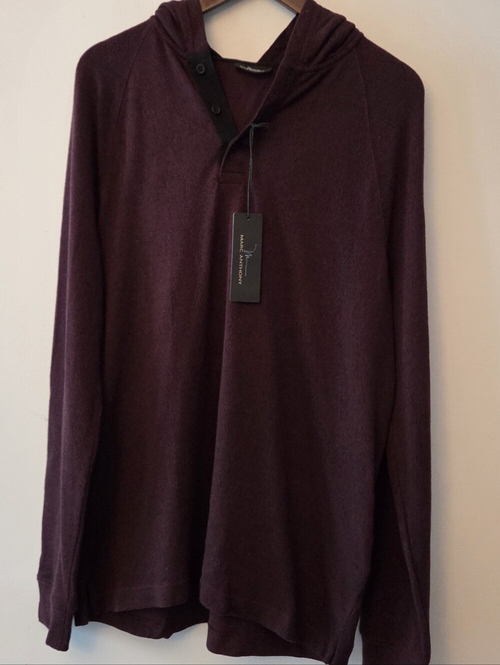 MARC ANTHONY Pullover Hooded Sweater 1/4 Button In Burgundy Size XL